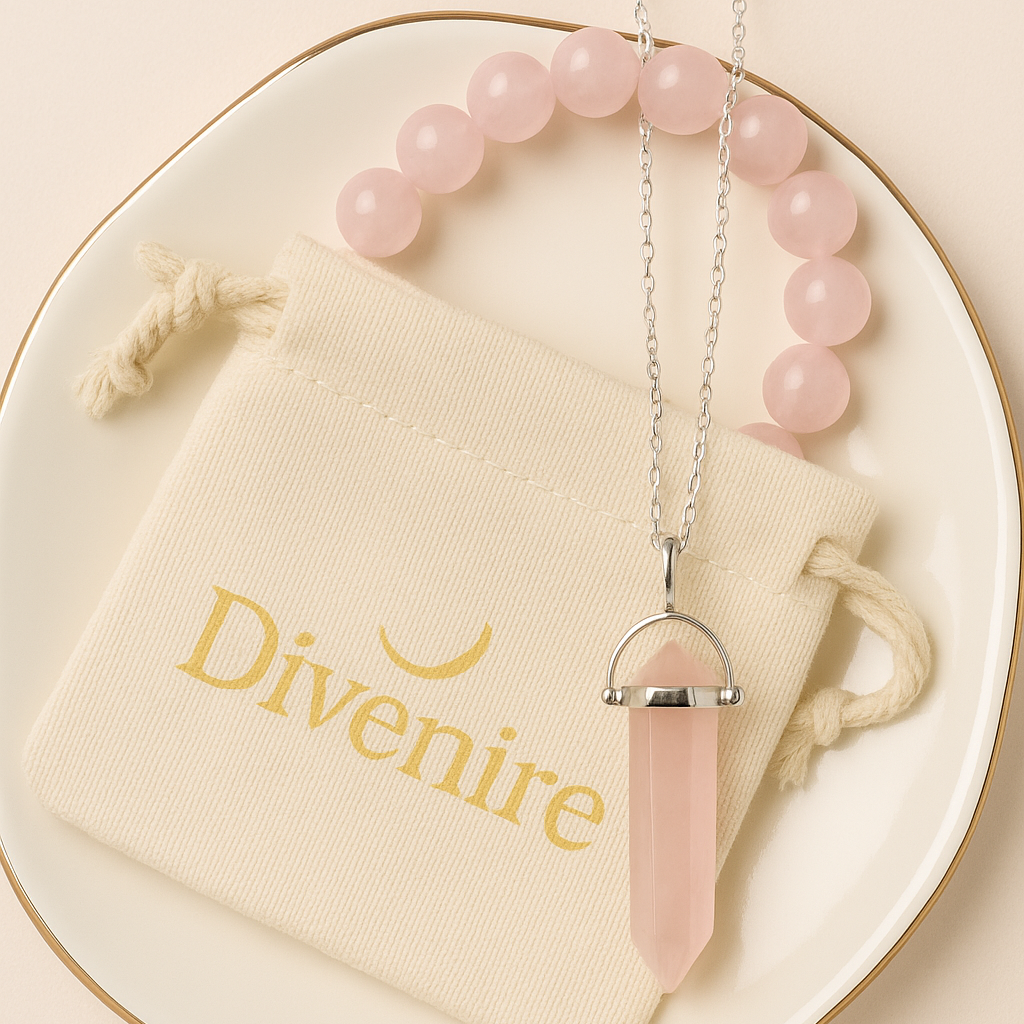 Conjunto colgante y pulsera de Cuarzo Rosa - Amuleto de Amor Propio | Divenire